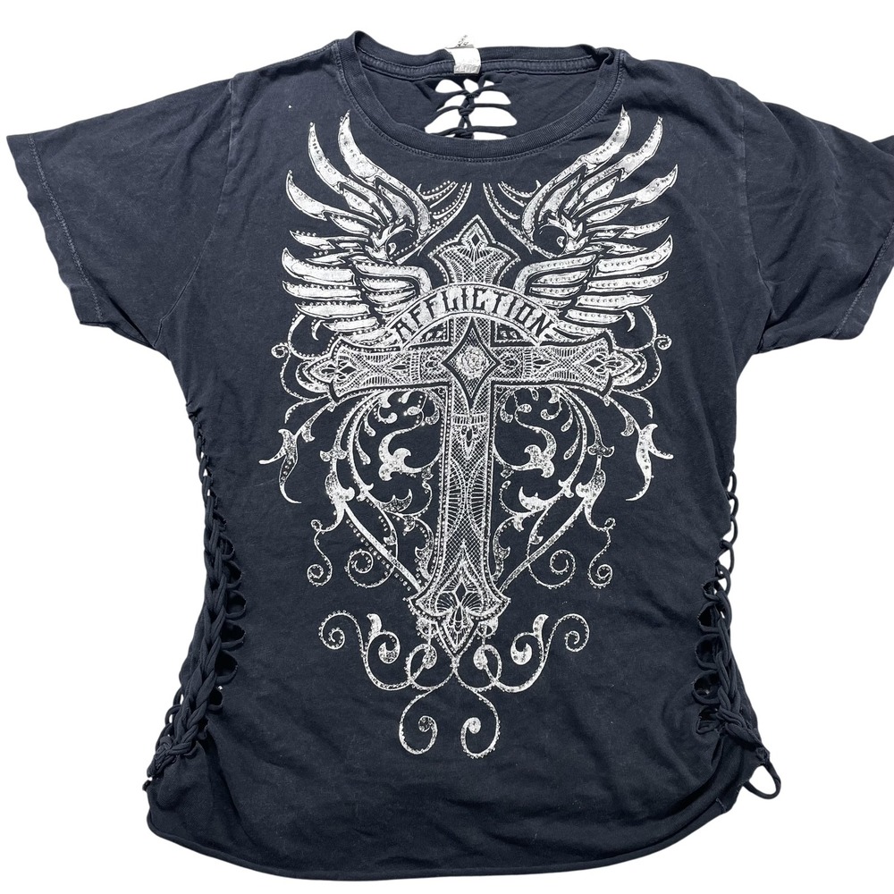 Affliction Shirt Womens Small Black Rhinestone Cross Wings Cutout Lace Up Tee